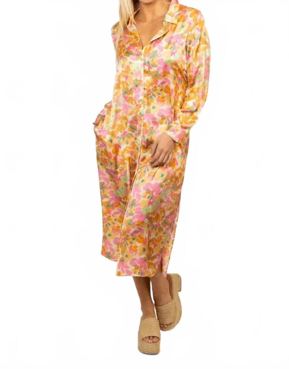 NEW KARLIE angela floral satin shirt dress in orange multi